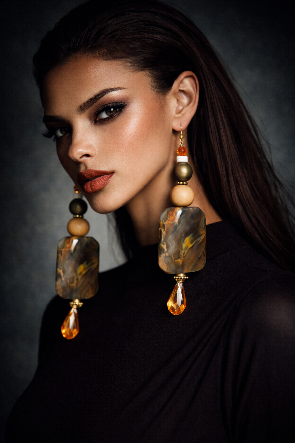 Oversized Hematoid Quartz Beaded Dangle Pierced Earring - Earthy