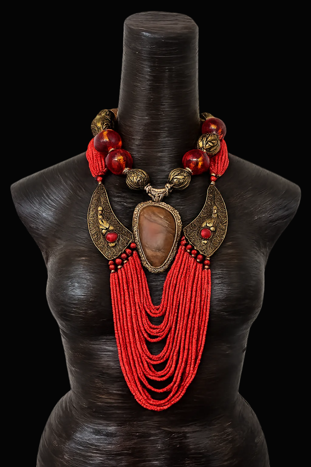 Luxury Tibetan Tribal Red Orange Beaded Statement Necklace Set - OOAK