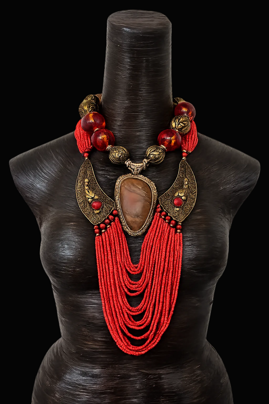 Luxury Tibetan Tribal Red Orange Beaded Statement Necklace Set - OOAK