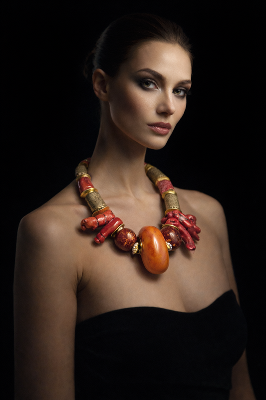 Exotic Asian Inspired Red Coral Resin & Tibetan Brass Statement Necklace