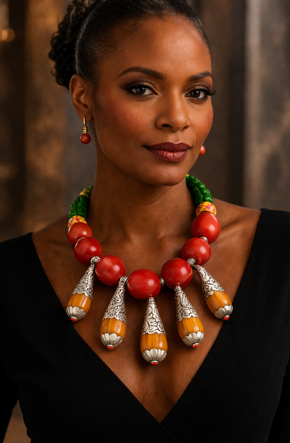 Red Orange Green Tribal Beaded Statement Necklace - Boho