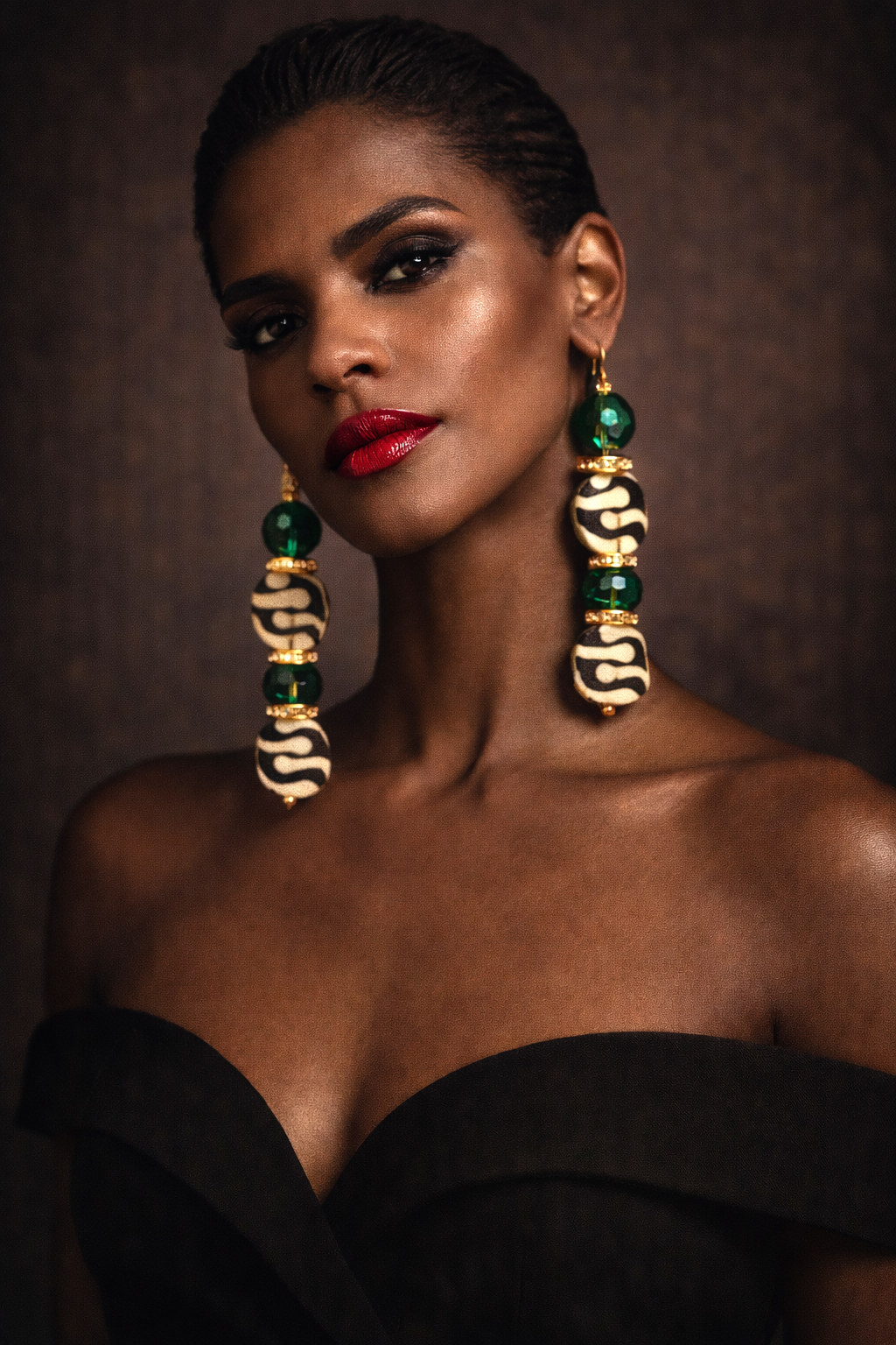 African Batik Bone & Emerald Green Crystal Dangle Statement Earrings