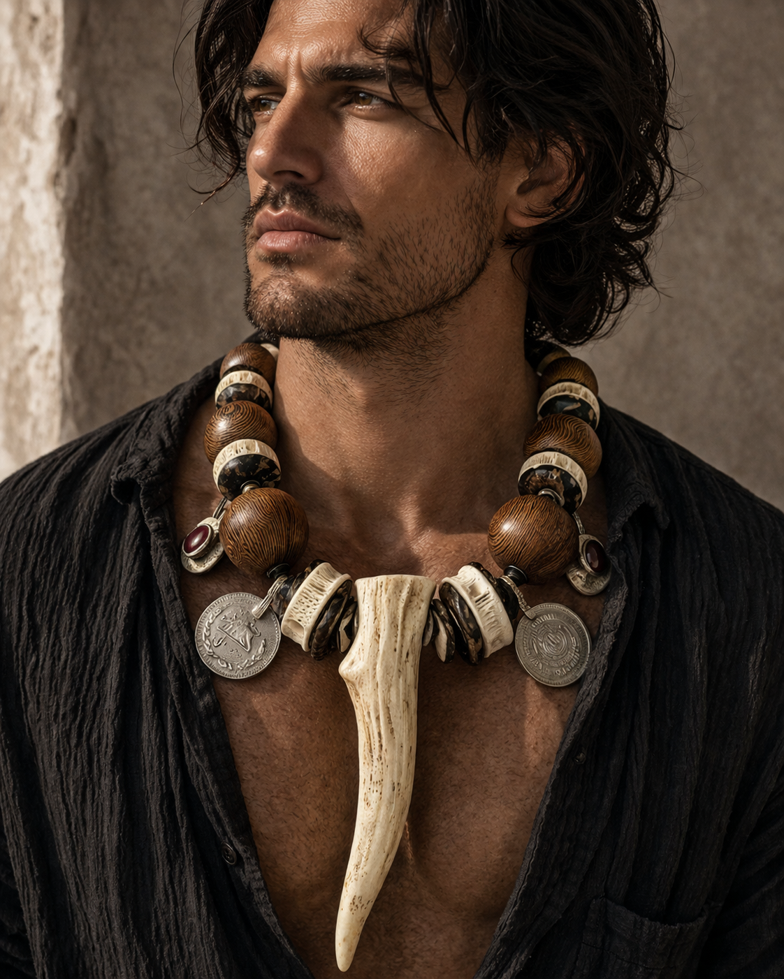 Antler Wood Shark Vertabrae & Kuchi Coin Unisex Tribal Bib - Warrior