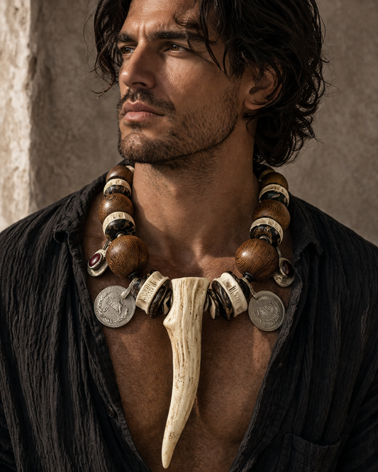 Antler Wood Shark Vertabrae & Kuchi Coin Unisex Tribal Bib - Warrior