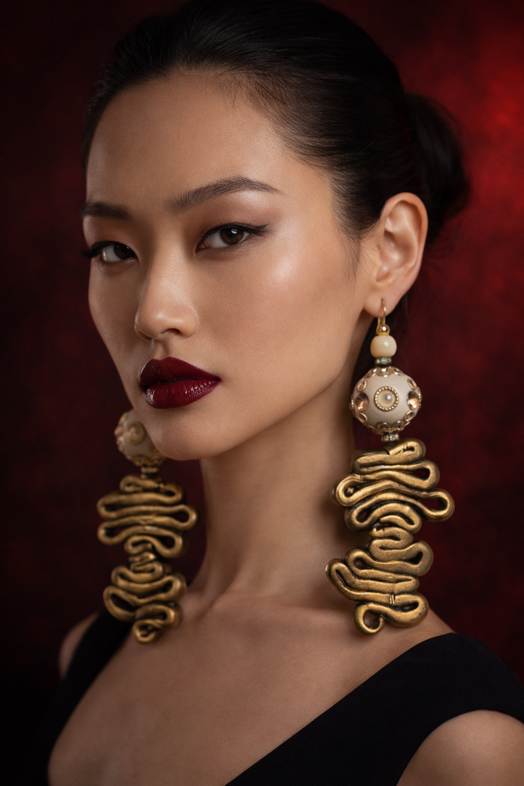 Asian Inspired Beige & Bronze Bold Pierced Earrings - Summer Wardrobe