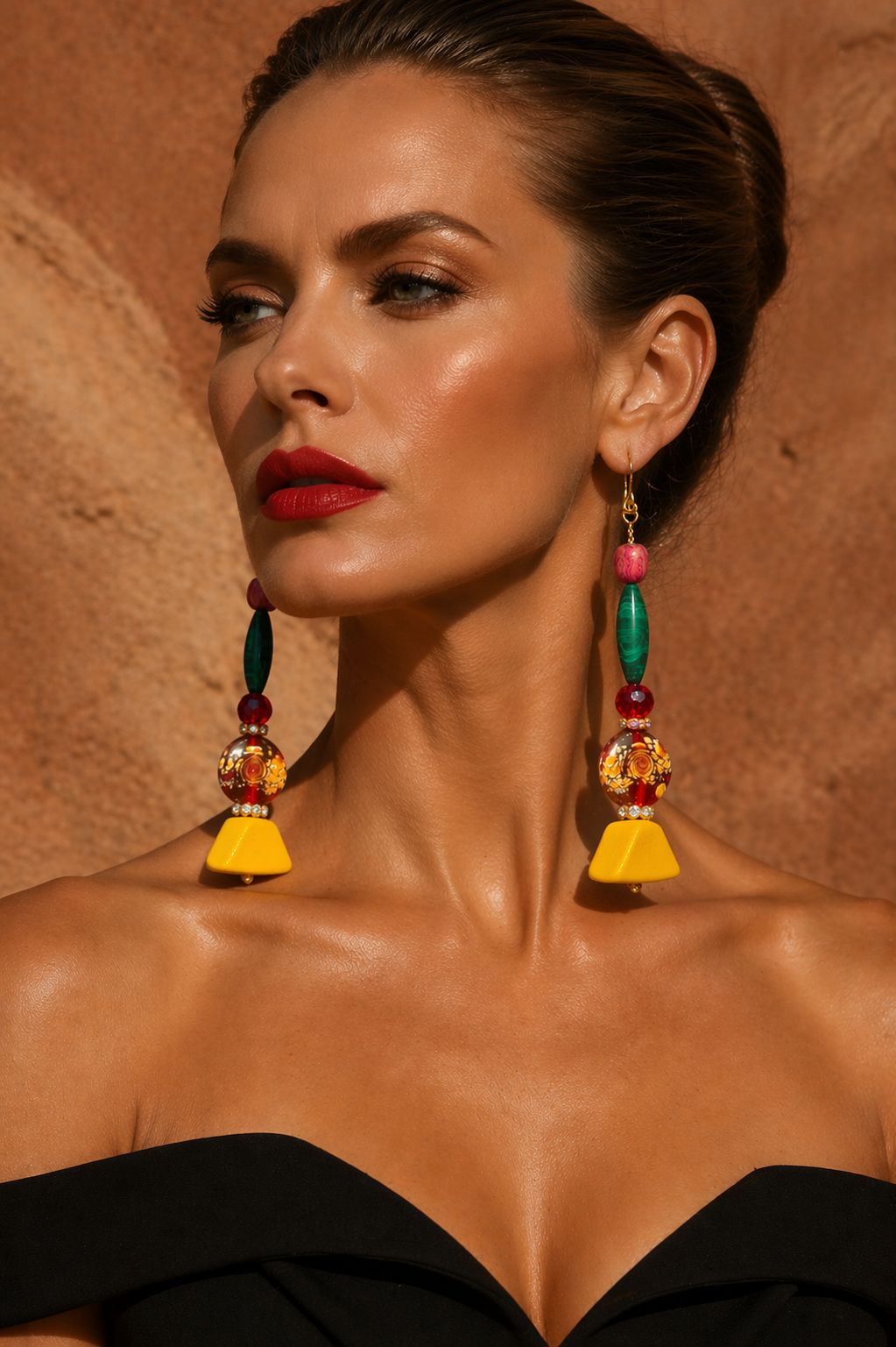Red Yellow Green & Pink Extra Long Pierced Statement Earrings