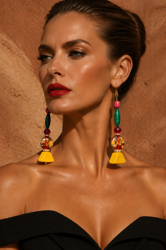 Red Yellow Green & Pink Extra Long Pierced Statement Earrings