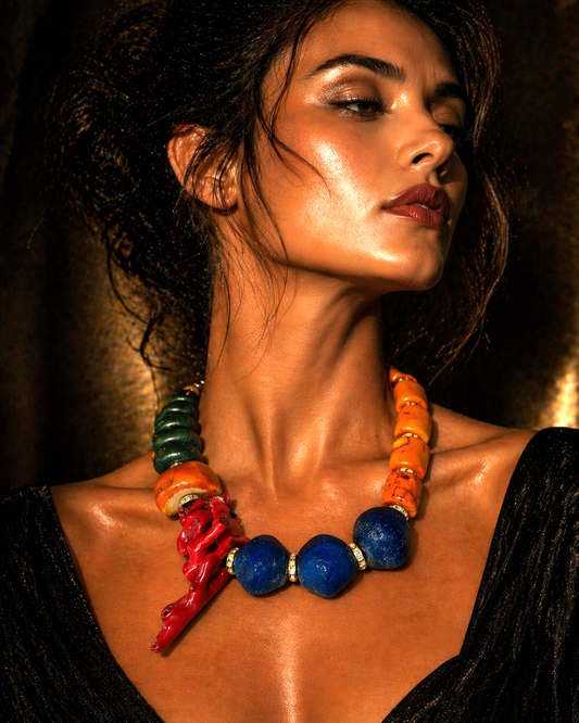 Coral & Glass Beaded Oversized Choker - Chunky Bold Dramatic