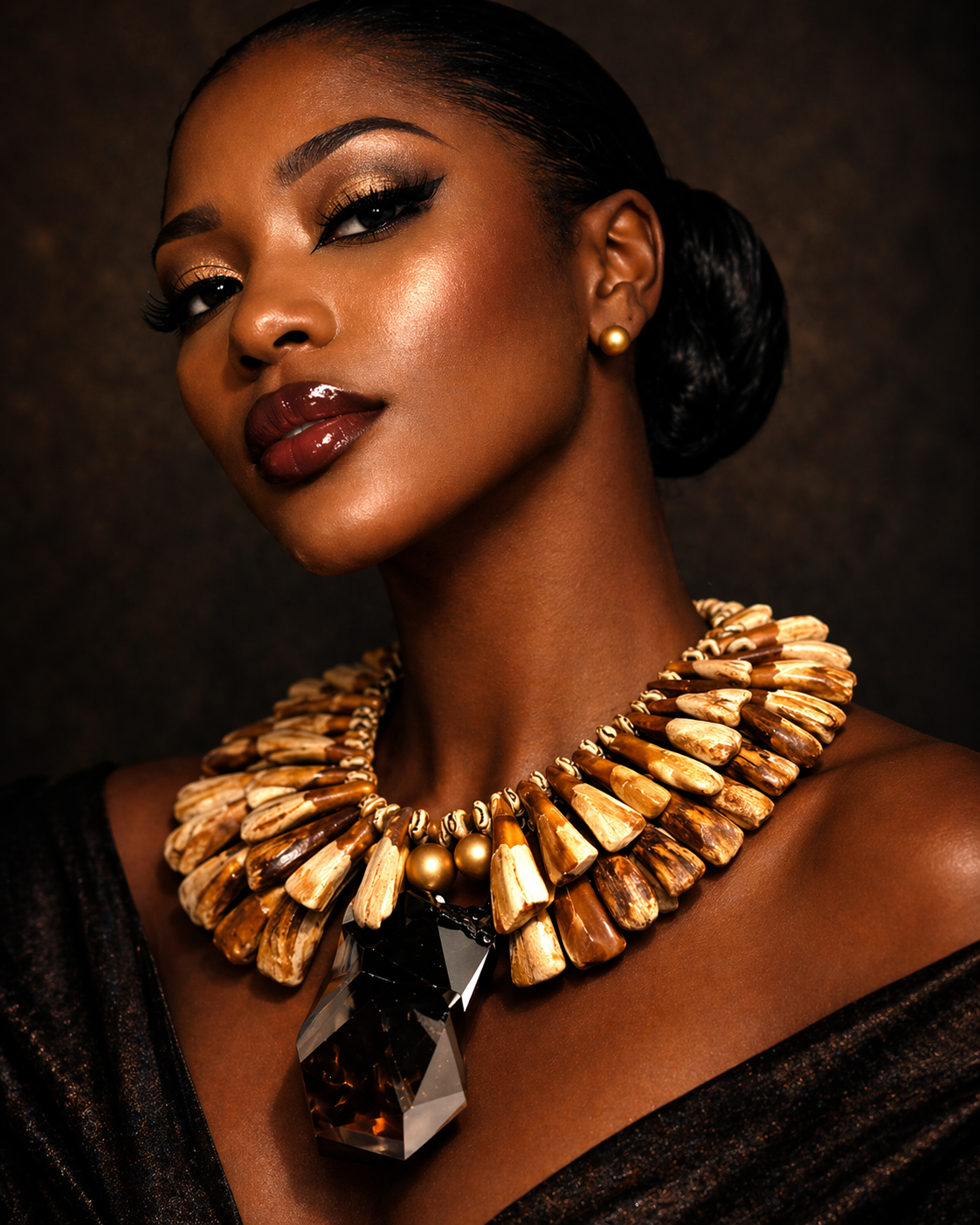 Smoky Quartz Cluster & Buffalo  Incisor Teeth Statement Necklace - Couture