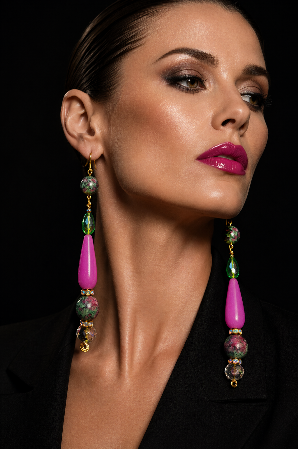 Purple Pink and Green Long Dangle Beaded Pierced Statement Earrings