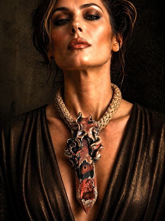 Rustic Druzy Agate Tower Sculpted Unisex Talisman - Hemp Rope Necklace