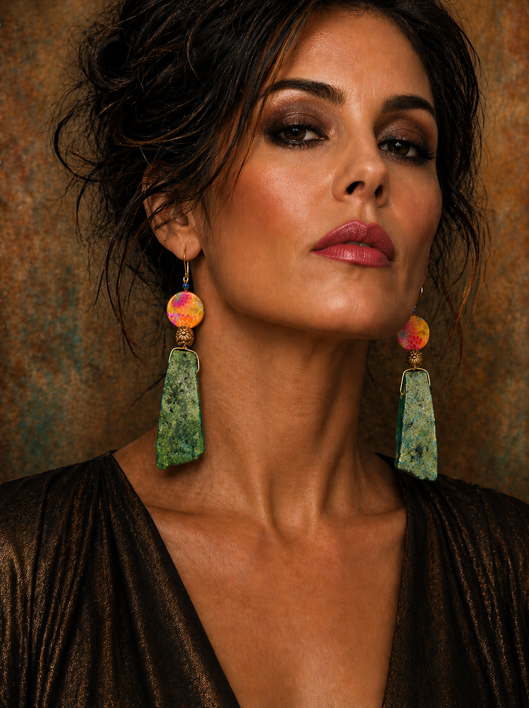 Green Agate Dangle Pierced Statement Earrings - Bold & Colorful