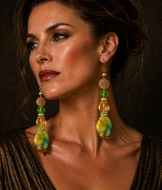 Green & Yellow Gemstone Dangle Pierced Statement Earrings - Summer