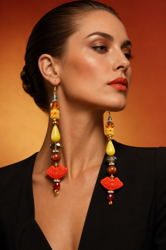 Asian Inspired Carved Cinnabar Long Beaded Shoulder Dusters - Bold