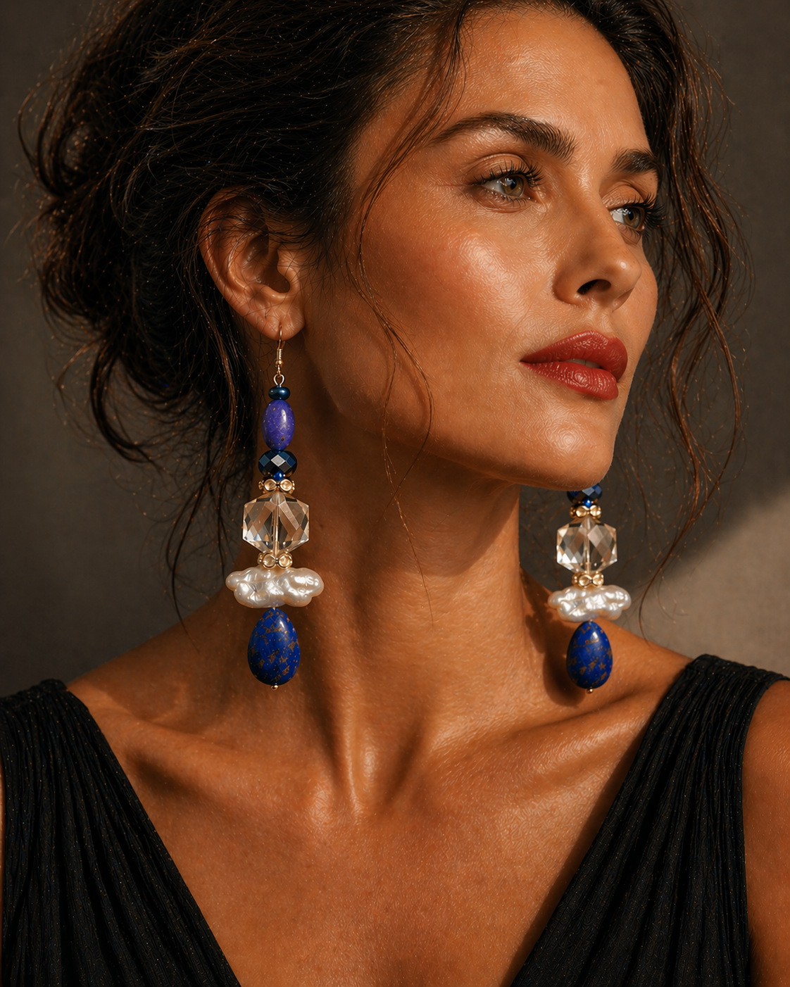 Lapis, Freshwater Pearl & Crystal Drop Pierced Statement Earrings