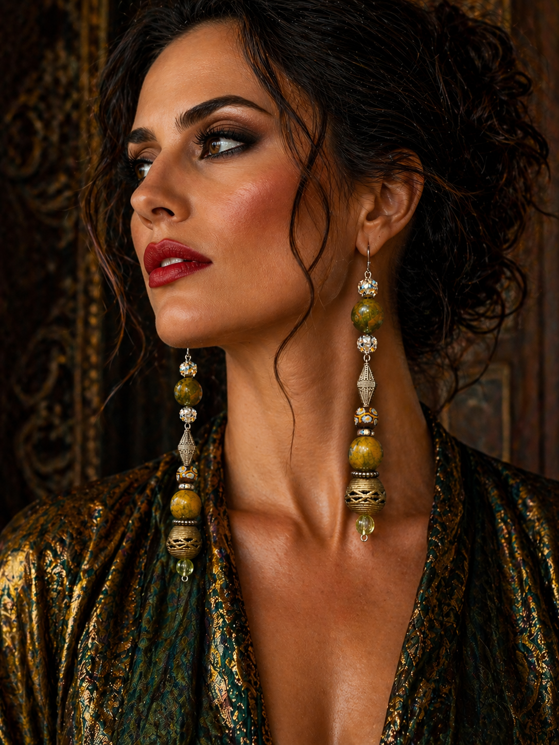 Exotic Rainforest Jasper Extra Long Pierced Statement Earrings - Fall