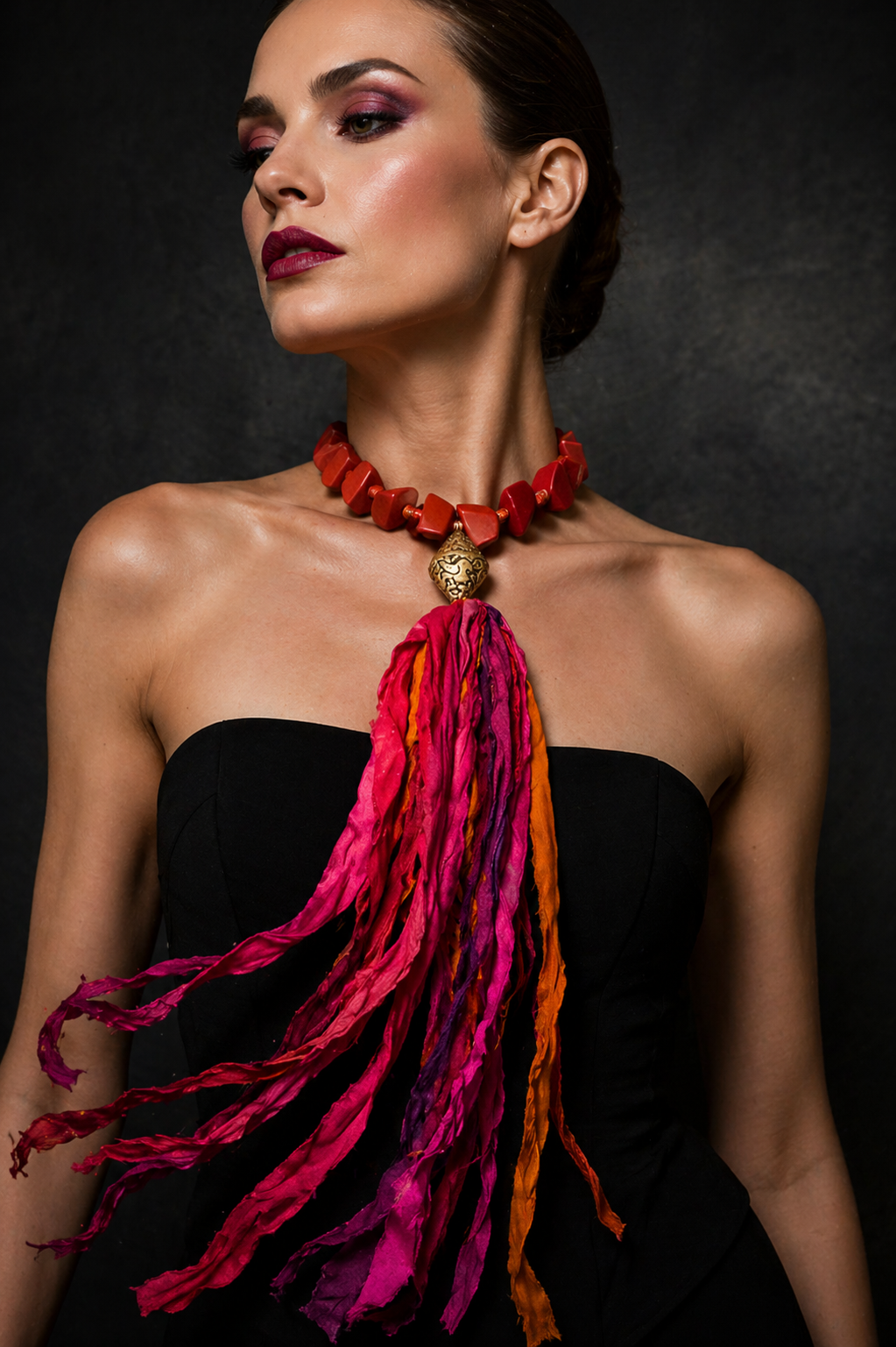 Pink & Red Sari Silk Ribbon Beaded Choker - Textile Chest Piece