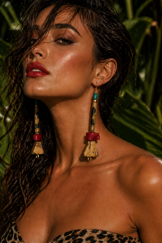 Exotic Jungle And Red Coral Shoulder Duster Pierced Earrings - OOAK