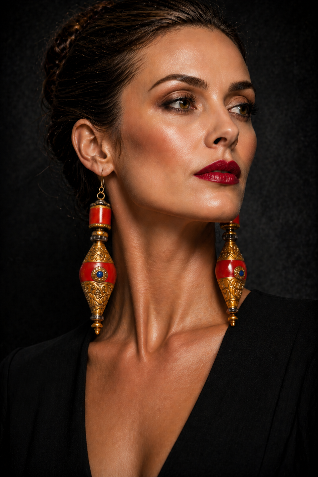 Red & Gold Tibetan Repousse Beaded Dangle Ear Candy - Exotic Tribals