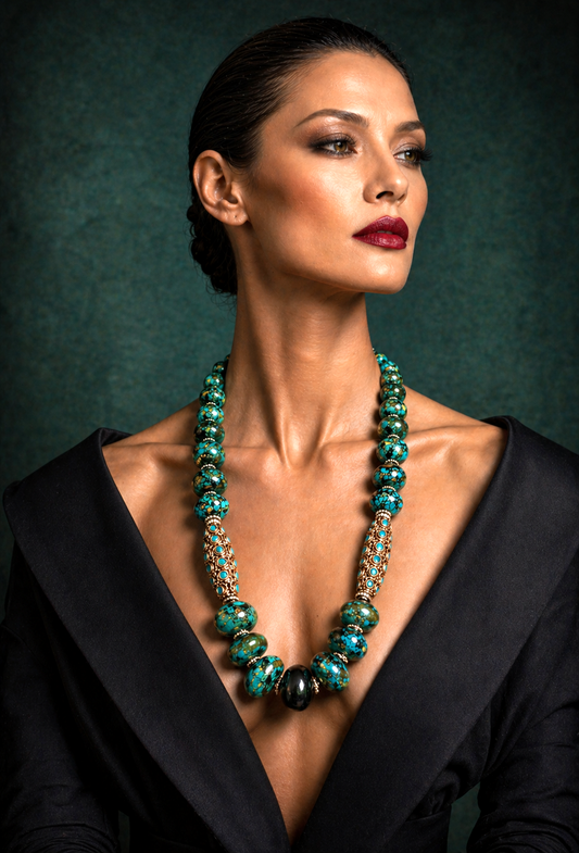 Hubei Turquoise & Tibetan Brass -  Luxury Elegant Rope Necklace