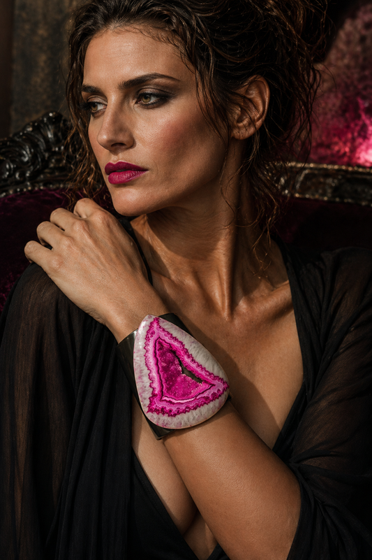 Luxury Oversized Hot Pink Druzy Agate Wide Black Statement Cuff