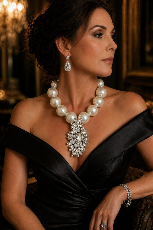 Oversized Faux Pearls with an Art Deco Diamante Pendant - Bling Bling