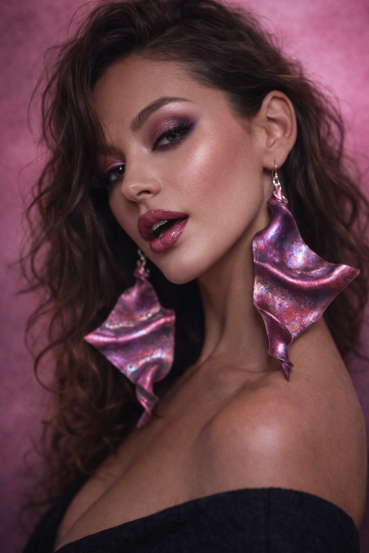Hand Sculpted Fuchsia Wing Shoulder Duster Pierced Earrings - Sexy