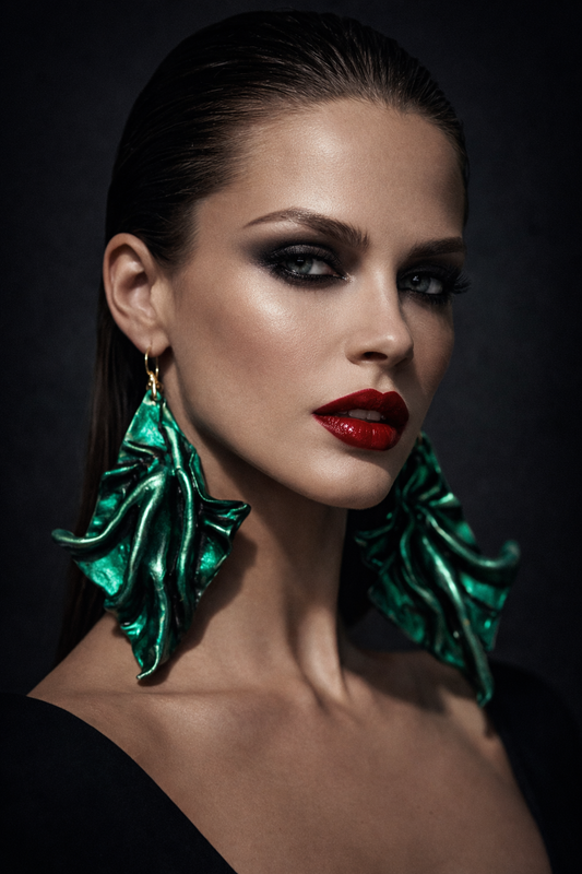 Metallic Emerald Green Sculpted Avant Garde Shoulder Duster Earrings