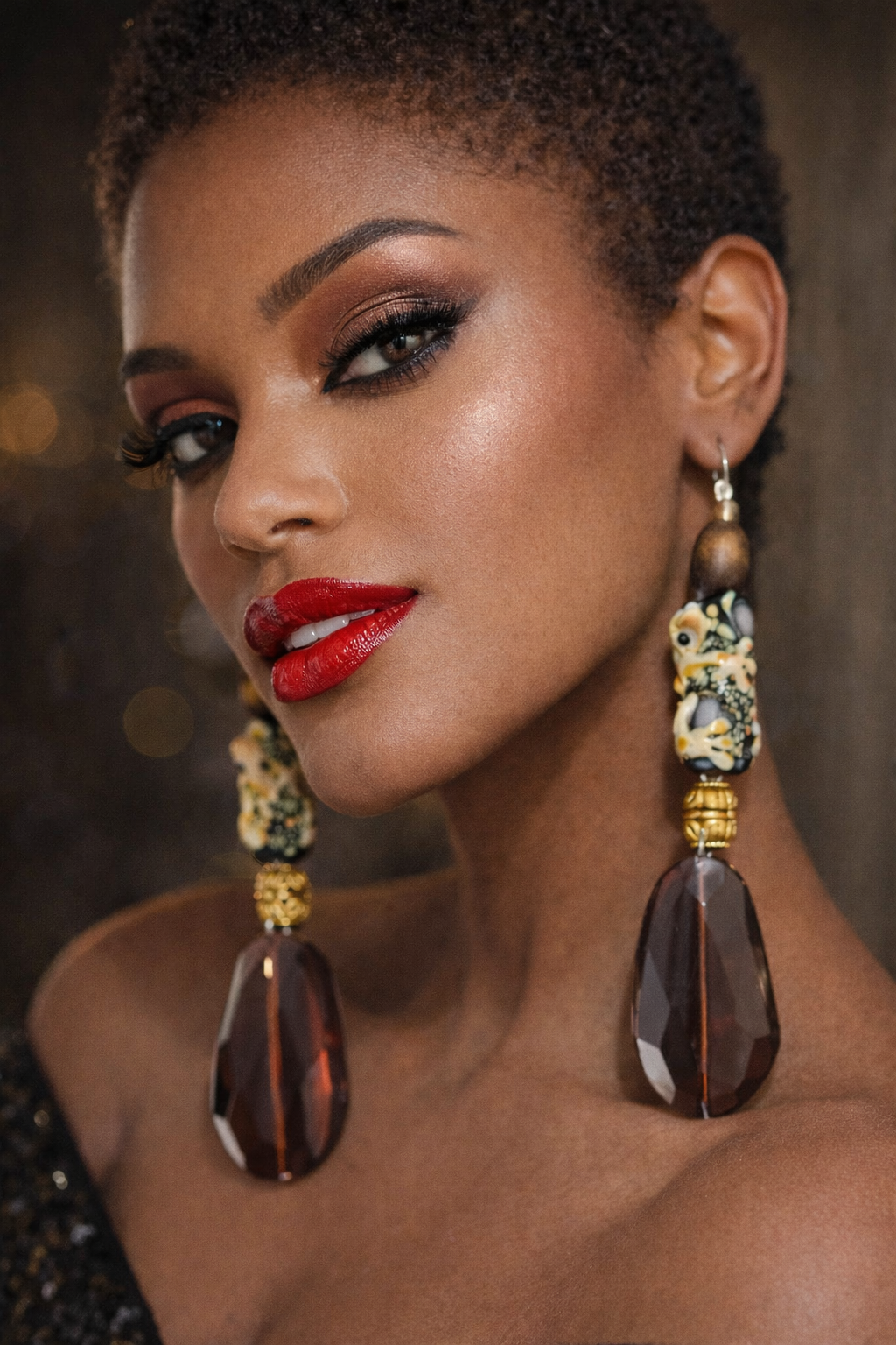 Brown Gecko Beaded Exotic Shoulder Duster Pierced Statement Earrings