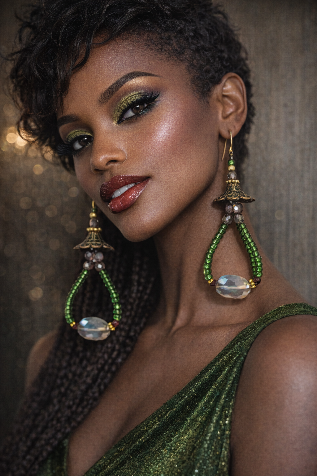 Emerald Green & Purple Crystal Hoop Pierced Earrings - Bohemian Fun