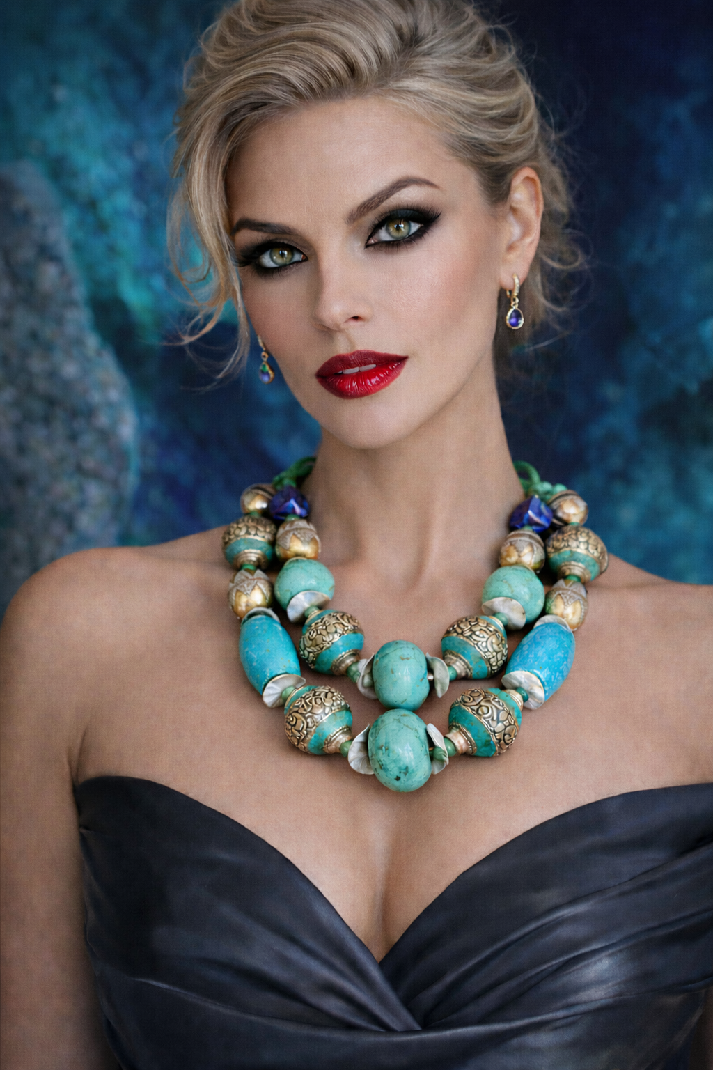 Turquoise Repousse & Magnesite Jumbo Beaded Statement Luxury Necklace,