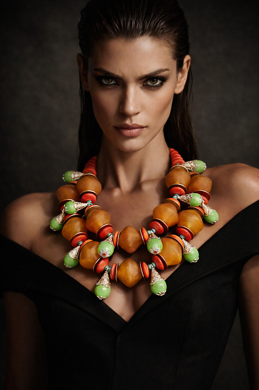 African Beaded Tribal Oversized Necklace - Orange Green Red & Yellow