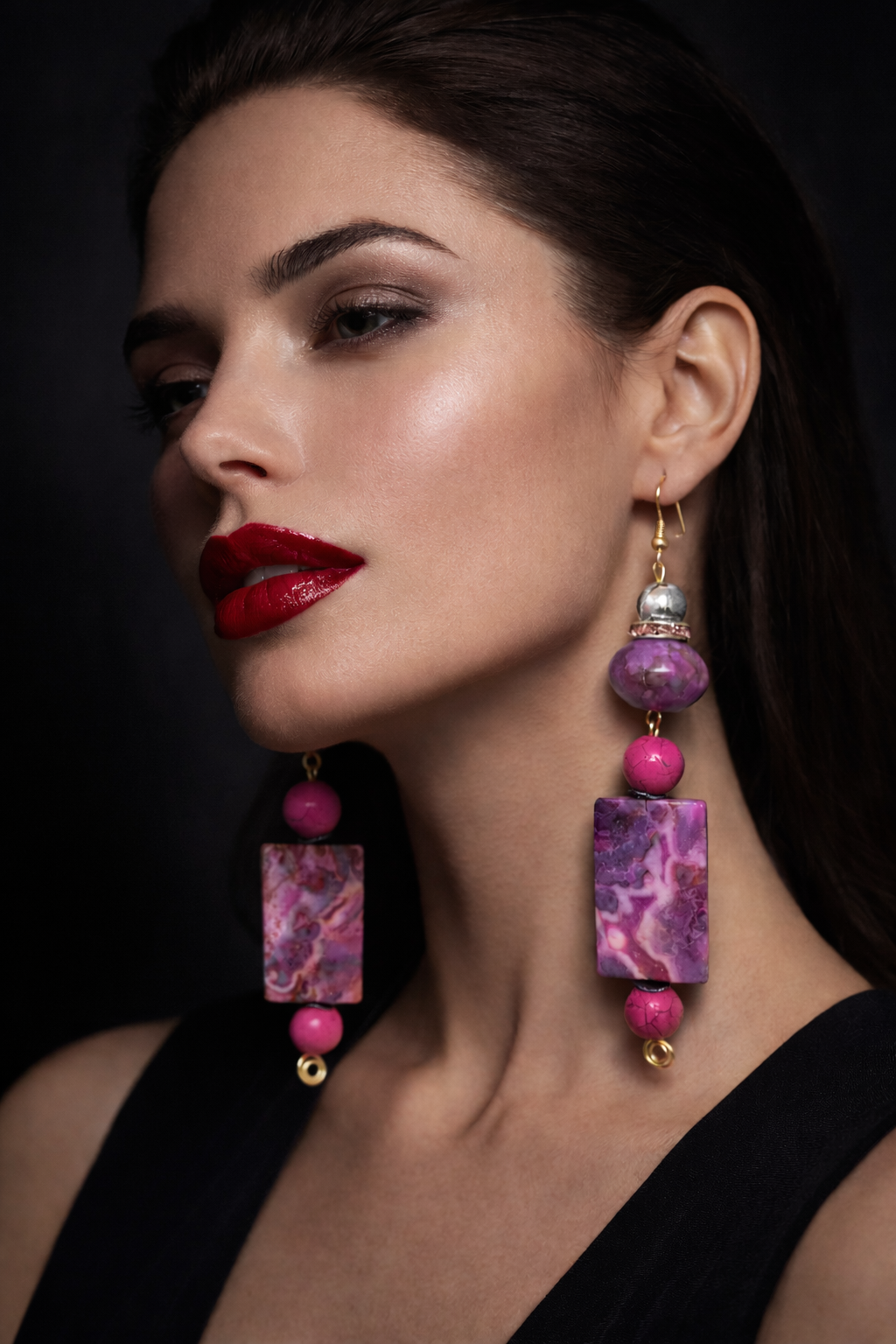 Pink & Purple Gemstone Beaded Shoulder Duster Pierced Earrings ~ Sexy