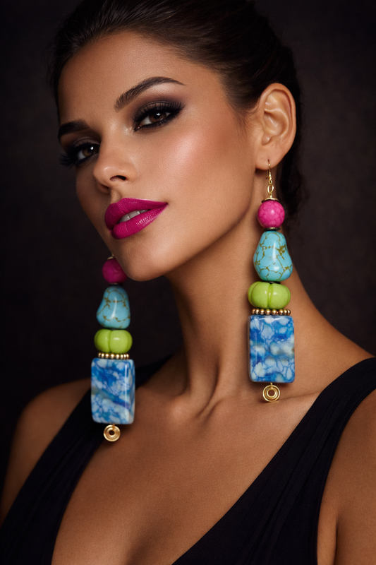Multi-Colored Gemstone Beaded Dangle Pierced Earrings - OOAK