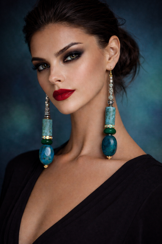 Blue and Green Mixed Gemstone Long Pierced Earrings with Metal Tubes