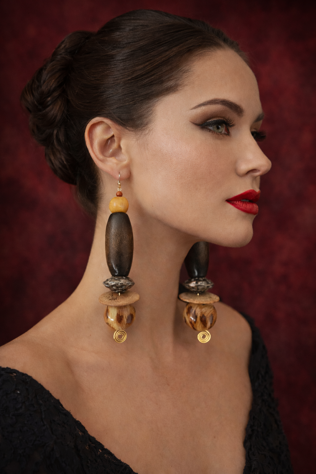 Earth Tone Beaded Long Tibal Pierced Earrings - Leopard Accent