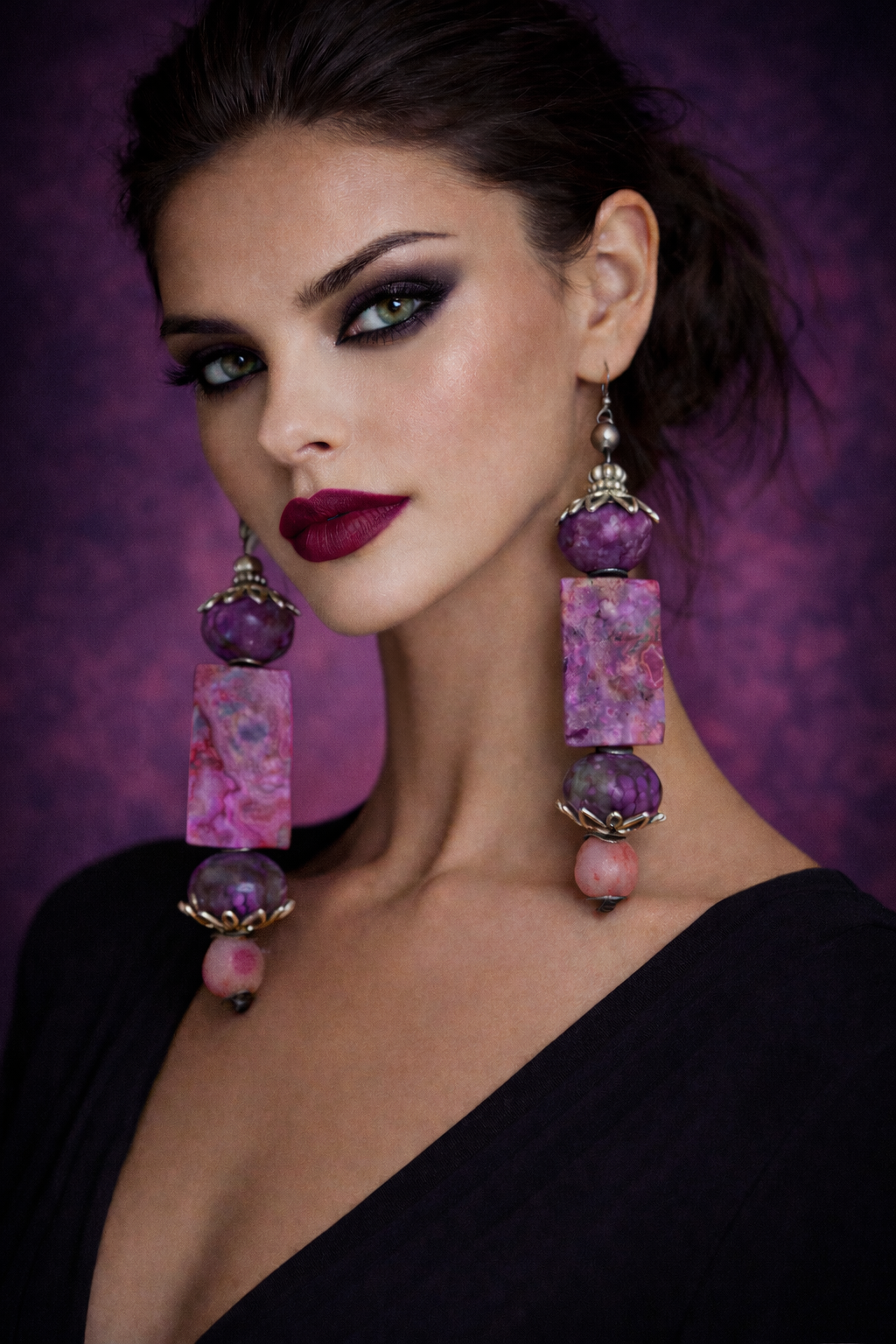Pink Purple & Gray Gemstone Beaded Dangle Pierced Earrings - Bridal