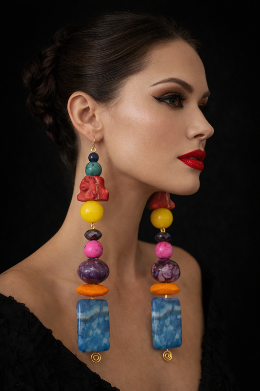 Multi Colored Mixed Gemstone Chunky Shoulder Duster Pierced Earrings