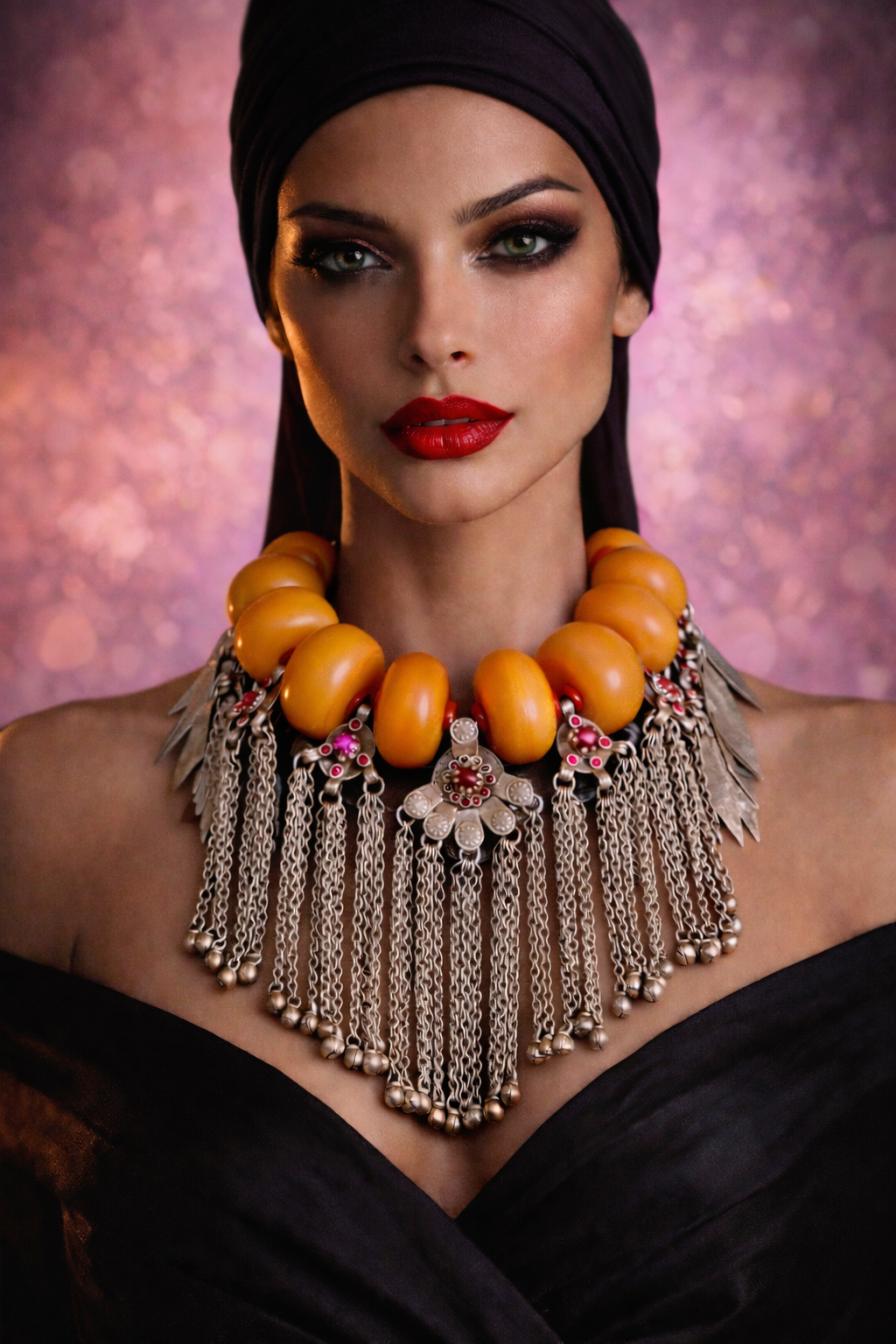 Oversized Honey Resin Tribal Statement Necklace & Kuchi Turkman Dangles