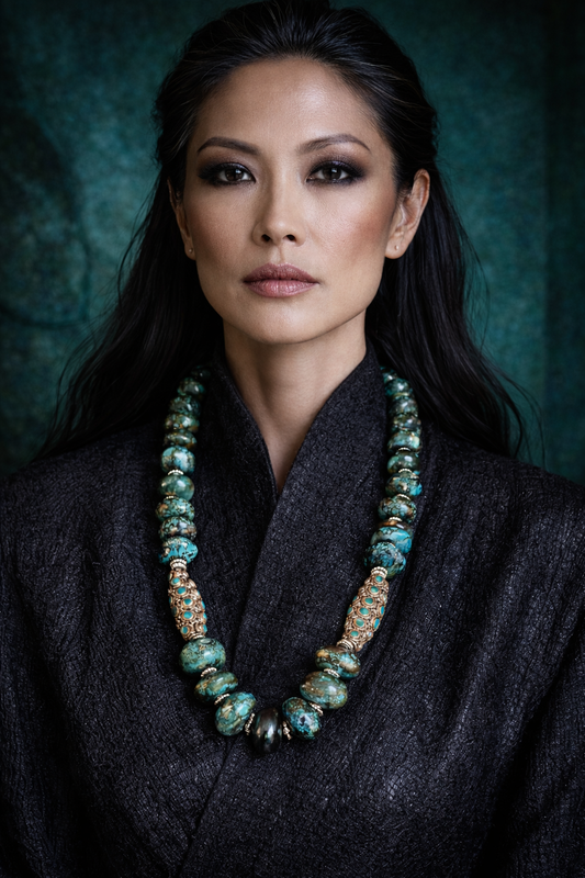 Hubei Turquoise & Tibetan Brass - Elegant Rope Necklace
