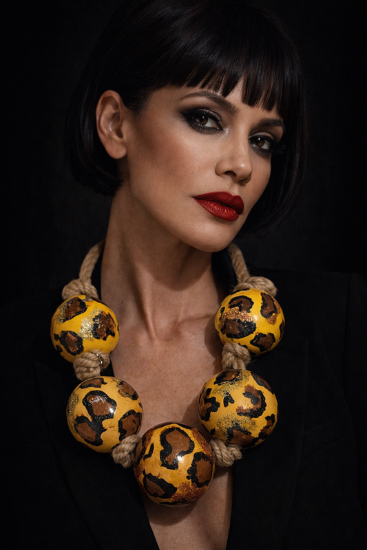 Hand Painted Leopard Jumbo Beaded Chest Piece with Hemp Rope - Unisex