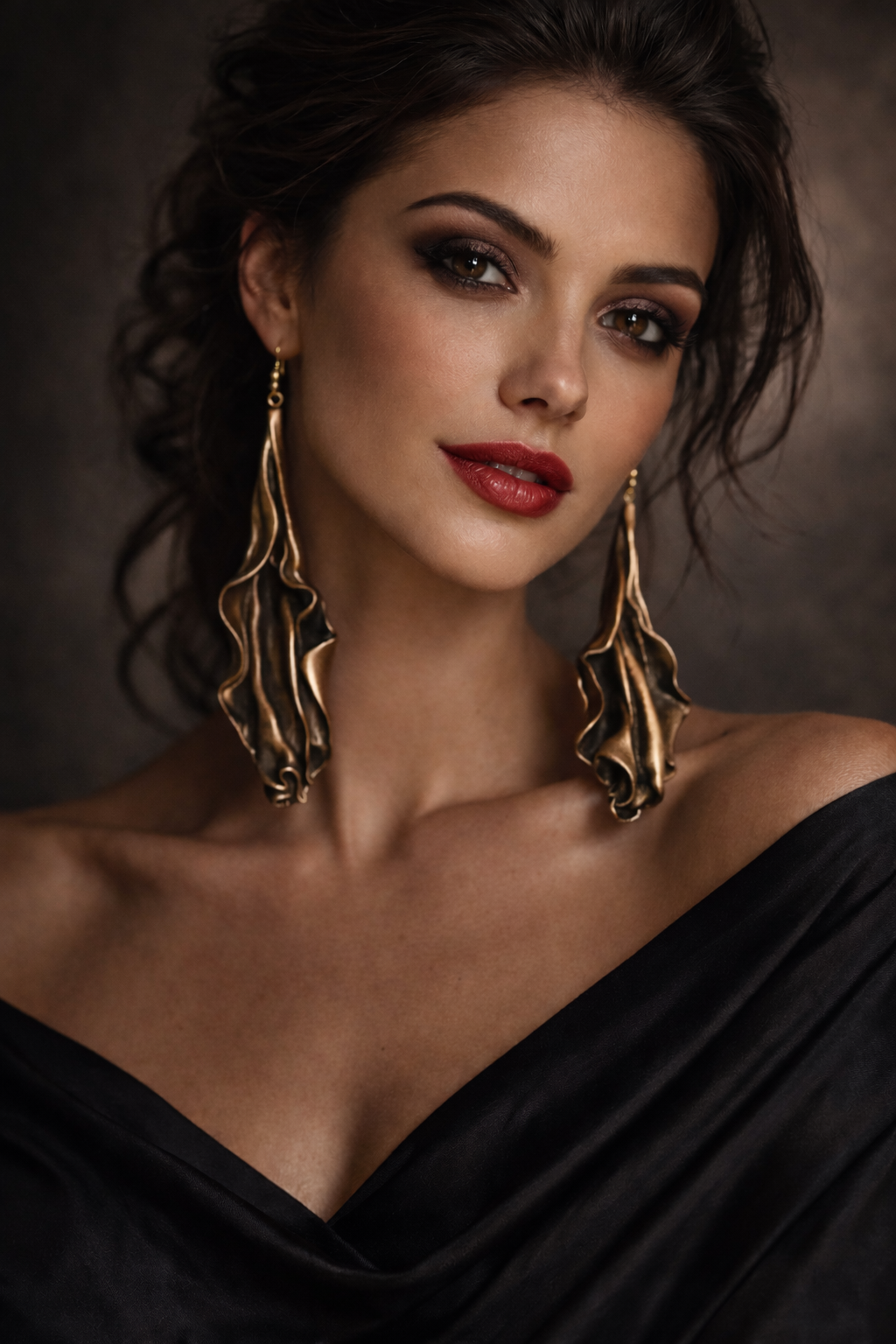 Hand Sculpted Deep Bronze Art Nouveau Shoulder Duster Pierced Earrings