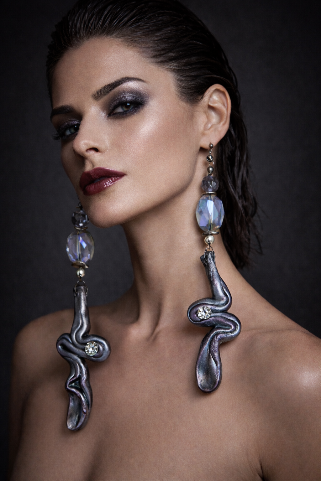Hand Sculpted Pewter Squiggle Shoulder Duster Pierced Earrings - Sexy