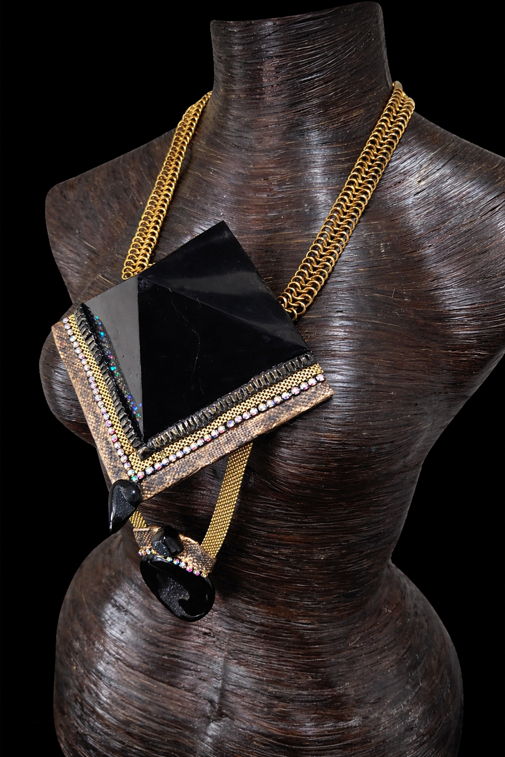 Mens Egyptian Revival Shungite Pyramid & Black Druzy Agate Chest Piece