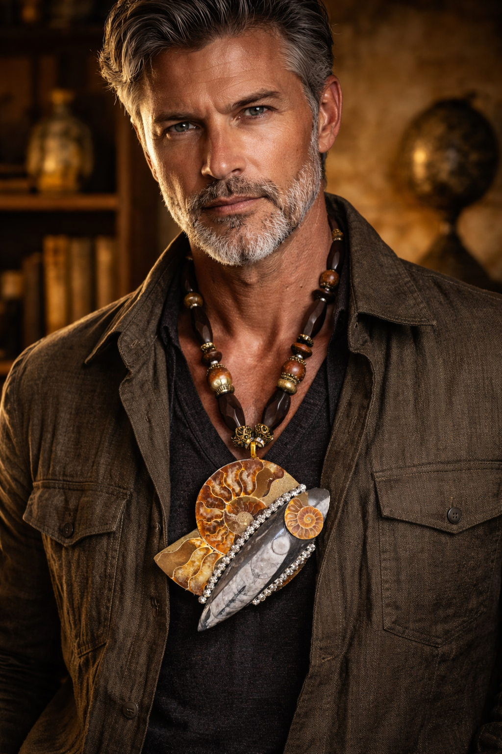Ammonite & Orthoceras Fossil Pendant Necklace - Mens