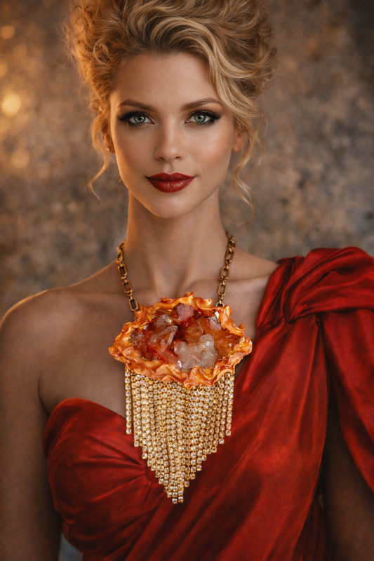 Red Moroccan Quartz Rhinestone Pendant - Art Deco Glam