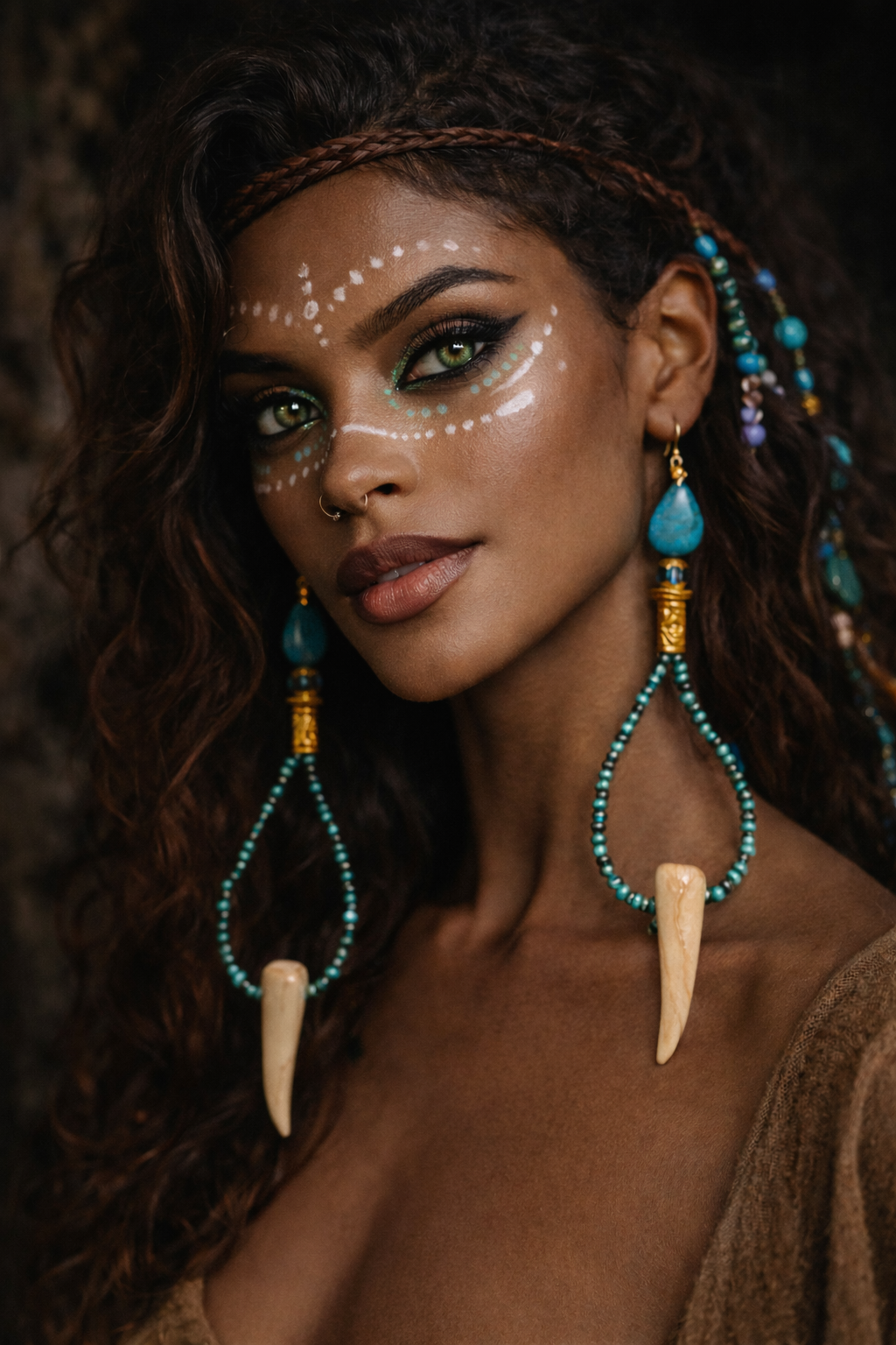 Exotic Blue Green Seed & Tusk Shoulder Dusters   Tribal Inspired Be