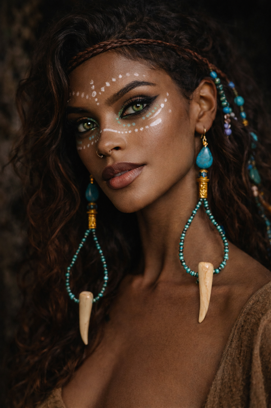 Exotic Blue Green Seed & Tusk Shoulder Dusters   Tribal Inspired Be