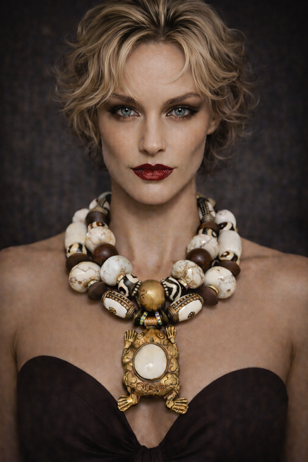 Magnesite Conch and Brass Tribal Beaded Necklace - Frog Pendant