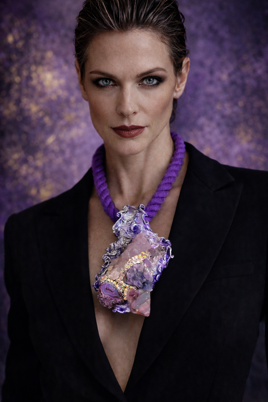 Amethyst Fluorite & Geode Sculpted Rope Pendant - Purple